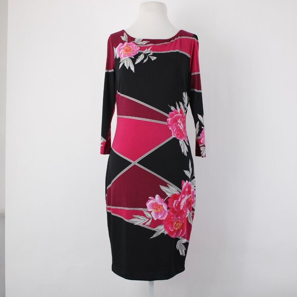 Cache Dress Sz 4 Black Pink Floral 3/4 Sleeve Midi Polyester Spandex  Dress - Picture 11 of 13